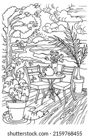 Wooden terrace with table for two tea time. Coloring page. Vacation. Bungalow terrace with Summer landscape seashore beach. Sketch vector illustration 
