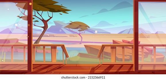 Wooden Terrace With View On Savanna Landscape. Home Veranda With Wood Floor, Porch And Fence At Nature Background With Rocks, Trees And Lake In Oasis. Resort Area For Relax Cartoon Vector Illustration