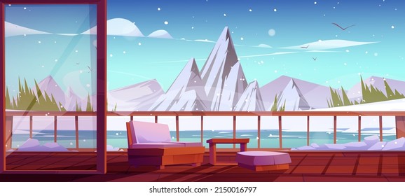 Wooden Terrace With Winter Mountain And Frozen Lake View. Home, Villa Or Hotel Area With Sofa And Ottoman Stand On Patio With Scenery Rocky Nature Landscape Background, Cartoon Vector Illustration