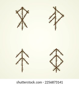 Wooden texture with abstract Scandinavian bind rune with branches and leaves. Viking runes frame and text for meaning