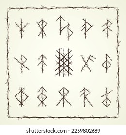 Wooden texture with abstract Scandinavian bind rune with branches and leaves. Viking runes frame and text for meaning