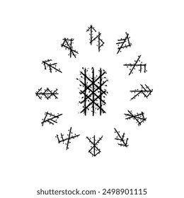 Wooden texture with abstract Scandinavian bind rune with branches and leaves. Viking runes frame and text for meaning