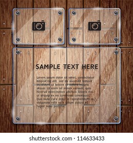 Wooden texture background and glass frame. vector illustrator