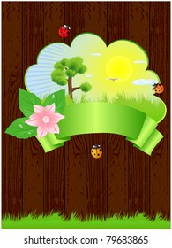 Wooden texture background with ladybirds, grass and an emblem of characterizing the ecology