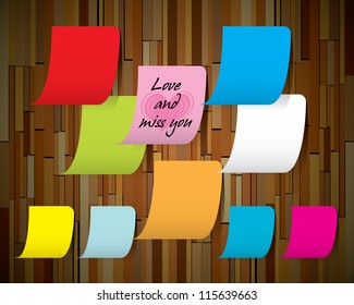 wooden texture background with paper notes. vector illustrator