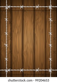 Wooden texture with barbed wire. Vector illustration.