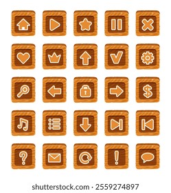 Wooden texture buttons with symbols. Cartoon website ui icons, game menu interface panel elements, brown timber with signs, pointer arrows, settings and signs, nowaday vector isolated set