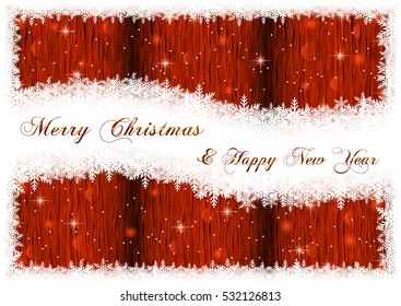 wooden texture merry christmas background on white snowflakes frame. christmas greetings decoration.