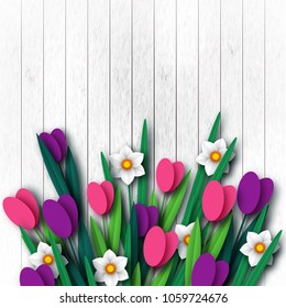 Wooden texture with paper cut spring flowers tulip and narcissus. Template for greeting card, holiday background. Papercraft style. Vector illustration.