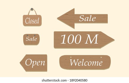 Wooden texture signs. Vector closed open sale and welcome signs
