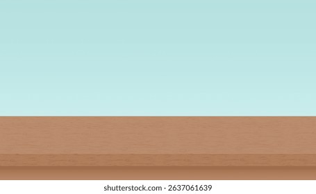 Wooden texture table, shelf isolated on blue background. Wooden surface of brown desk. Place for advertisement. Vector illustration. 