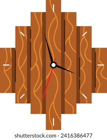 Wooden texture wall clock design with modern style hands. Simplistic timepiece with natural wood pattern. Contemporary clock for interior decor vector illustration.