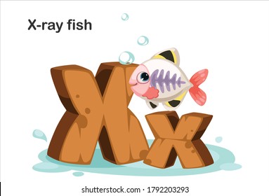 Wooden textured bold font alphabet X, X for X-ray fish
