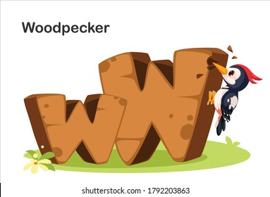 Wooden textured bold font alphabet W, W for Woodpecker