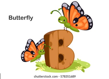 Wooden textured bold font alphabet B, B for Butterfly