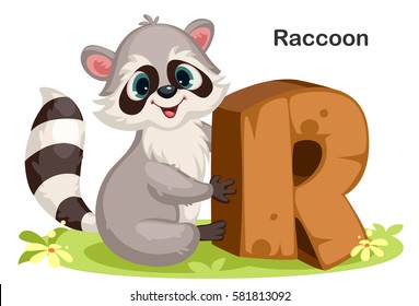 Wooden textured bold font alphabet R, R for Raccoon
