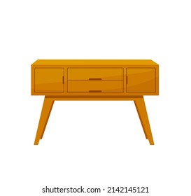 Wooden textured dresser, commode. Chest of drawers, bedside table set. Vector. Furniture icon in flat design. Cartoon house equipment for bedroom, living room isolated on white background.
