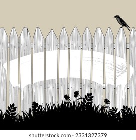 Wooden textured fence with big white brush spot and black silhouette of growing grass. Vintage engraving stylized drawing. Vector illustration