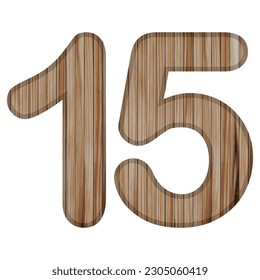 Wooden Textured Number Fifteen Vector Illustration. Wooden Number 15 Isolated On A White Background