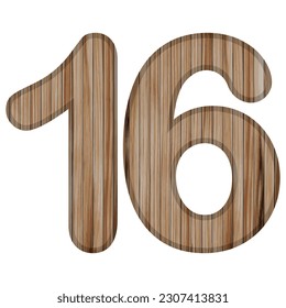 Wooden Textured Number Sixteen Vector Illustration. Wooden Number 16 Isolated On A White Background