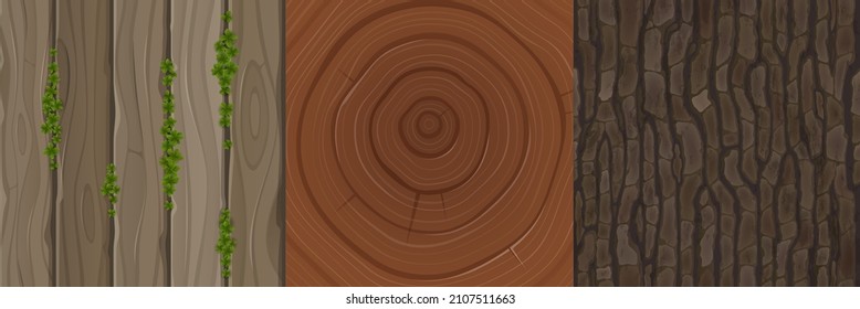 Wooden textures of cut tree trunk, bark and boards. Vector cartoon set of patterns with planks surface with green grass leaves, wood stump with rings and rough tree cortex