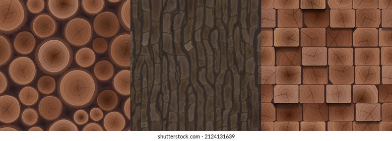 Wooden textures of cut trunks, brown tree bark and boards. Vector cartoon set of seamless patterns with woodpile, stack of logs, timbers, lumber and rough tree cortex