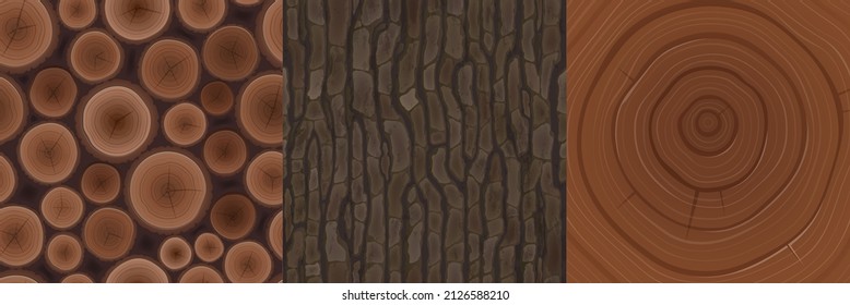 Wooden textures for game, tree bark woodpile cross section with logs and age circles cut cartoon tiles seamless pattern. Natural materials, textured brown design ui elements, Vector illustration set