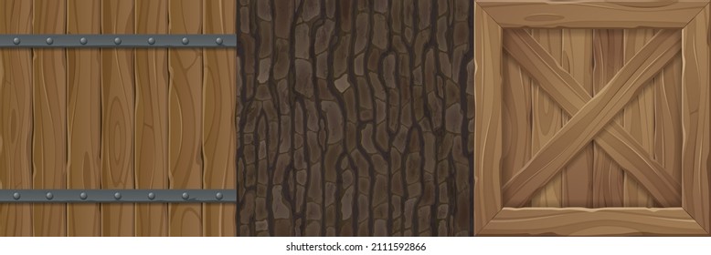 Wooden textures for game, wood barrel or fence planks with nails, tree bark and box or case cartoon seamless patterns. Natural materials, textured brown construction design ui elements, Vector set