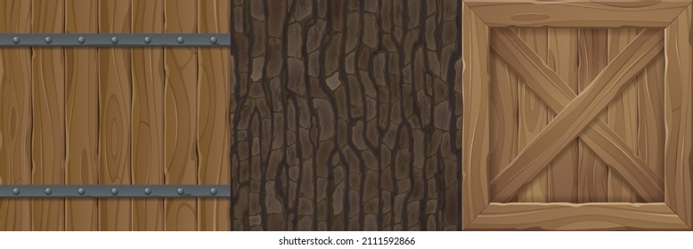 Texturas de madera para tablones de juego, de cañón de madera o de valla con uñas, corteza de árbol y motivos de caricatura sin fisuras de caja o estuche. Materiales naturales, elementos ui de diseño de construcción marrón texturado, conjunto de vectores