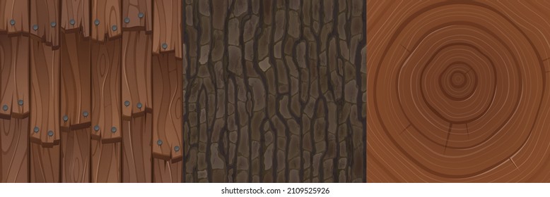 Wooden textures for game, wood roof overlap with nails, tree bark and age circles cut cartoon tiles seamless pattern. House roofing and natural materials, textured brown design ui elements, Vector set