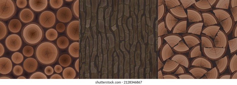 Wooden textures seamless patterns for game, tree bark, woodpile with round and cut logs cross section. Cartoon tiles of natural materials, textured brown design ui elements, Vector illustration set