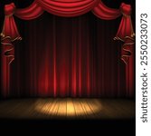 Wooden theater stage, illuminated by a searchlight on the background of a red curtain. Highly realistic illustration.