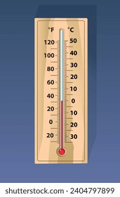 Wooden thermometer on a dark background. Celsius and Fahrenheit vector illustration