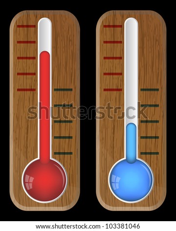Wooden thermometers on black, vector, 10eps.