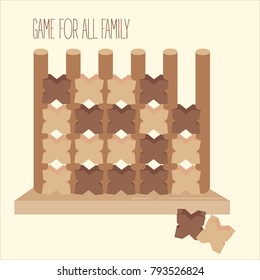 Wooden tic tac toe strategy board game. 2d toy. Criss-cross and zero on columns. Three in a row to win. Entertainment for family and children. Two people fun. Vector illustration