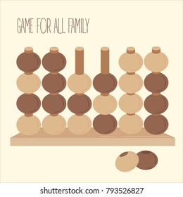 Wooden tic tac toe strategy board game. 3d toy. Criss-cross and zero on columns. Beads on pegs. Entertainment for family and children. Two people fun. Vector illustration