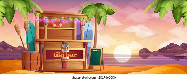 Wooden tiki bar on sea beach at sunset. Vector cartoon hut with tribal masks, snacks and drinks. Tropical landscape with ocean, palm trees and cafe at evening. Exotic vacation and travel concept.
