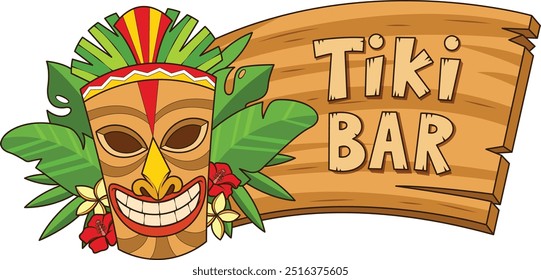 Letrero de madera de la barra del tiki con una máscara a la Ilustración vectorial izquierda