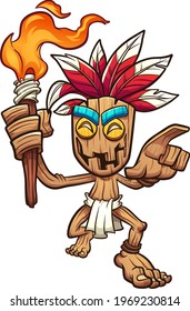 Wooden Tiki character holding a torch. Vector clip art illustration with simple gradients. All on a single layer. 
