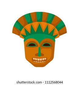 Wooden Tiki mask with big teeth. Religious symbol of indigenous African people. Flat vector for print, mobile game or flyer of gift store