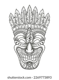 wooden tiki mask. Engraving drawing vector illustration