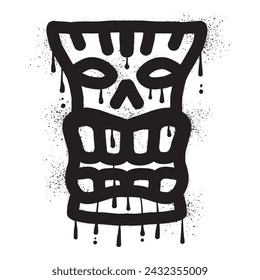 Wooden tiki mask graffiti with black spray paint art