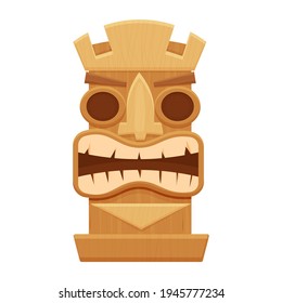 Wooden tiki mask, hawaiian symbol in cartoon style, textured and detailed isolated on white background stock vector illustration. Totem, tribal ethnic decoration. Scary god, idol