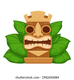 Wooden tiki mask, hawaiian symbol in cartoon style, textured and detailed isolated on white background stock vector illustration. Totem, tribal ethnic decoration. Scary god, idol