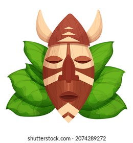 Wooden tiki mask, hawaiian symbol in cartoon style, textured and detailed isolated on white background stock vector illustration. Totem, tribal ethnic decoration. Scary god, idol