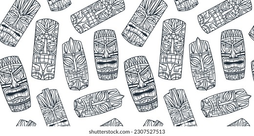 Wooden tiki mask seamless pattern or hawaii surfing background for tiki bar. Traditional ethnic idol and hawaiian surf, maori or polynesian. Design old tribal totem.