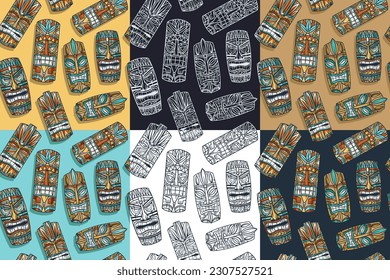 Wooden tiki mask seamless pattern set or hawaii surfing background collection for tiki bar. Traditional ethnic idol and hawaiian surf, maori or polynesian. Design old tribal totem.