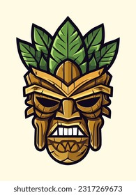 wooden tiki mask tribal hand drawn logo design illustration