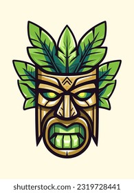 wooden tiki mask tribal hand drawn logo design illustration