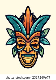 Wooden tiki mask tribal logo, hand drawn with intricate details. A captivating blend of culture, art, and identity for your brand